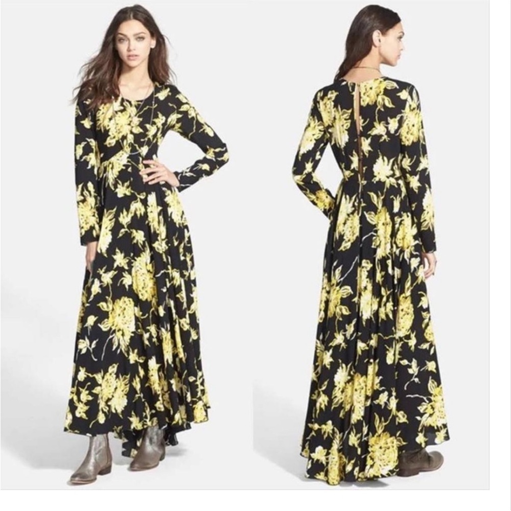 Free People First Kiss Maxi Dress Black with Yellow Floral Long sleeve Rayon Sm